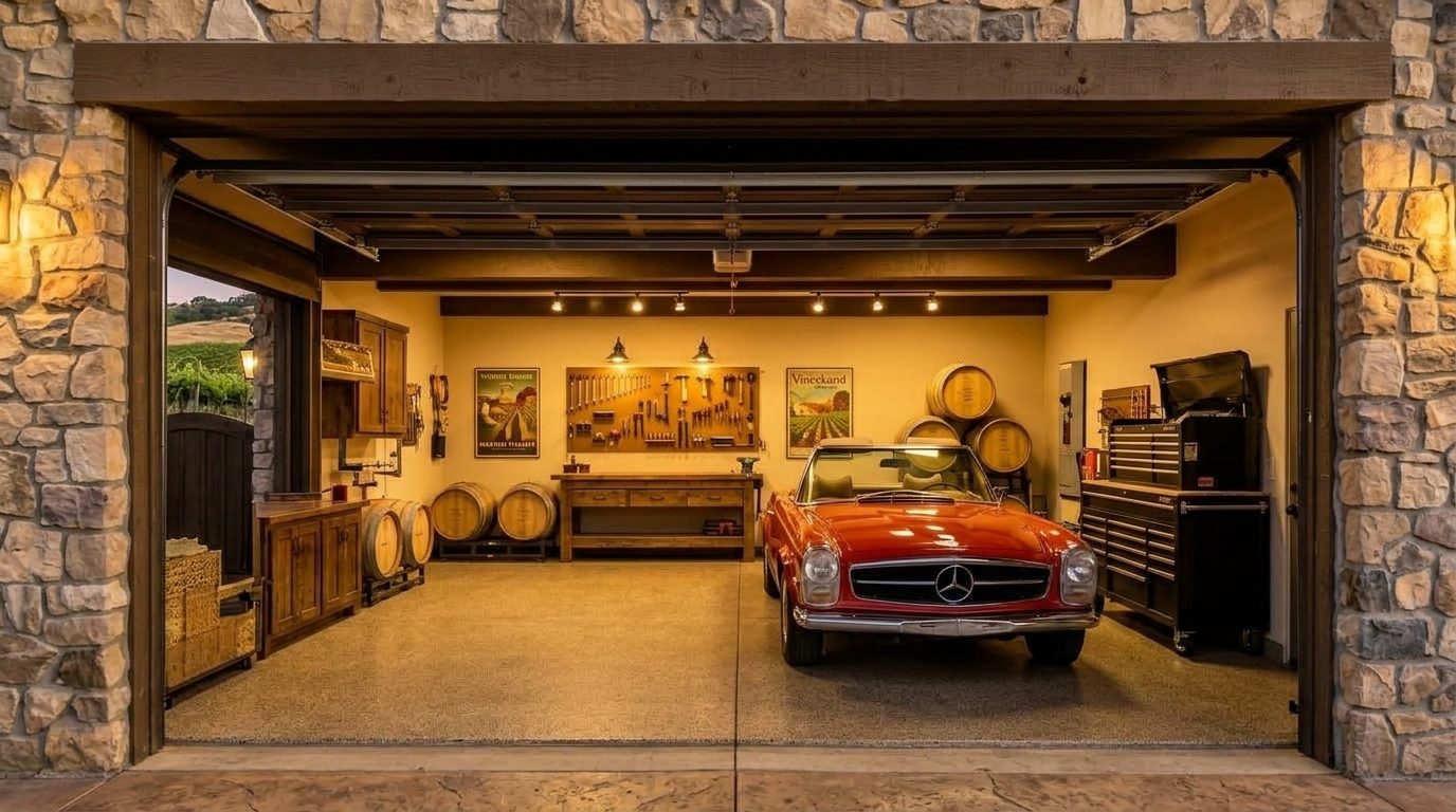 Harrison Garage Door Services Interior View of Custom Garage Door Overhead and Workshop